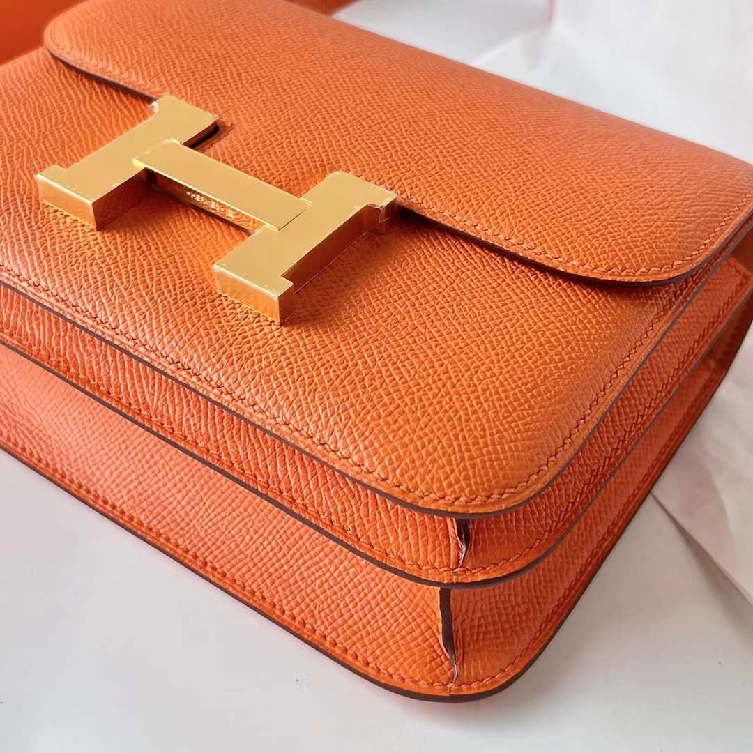 Hermès（爱马仕）Constance 空姐包 Epsom Ck93 橙色 金扣 19cm 全手工蜡线缝制 Ghw