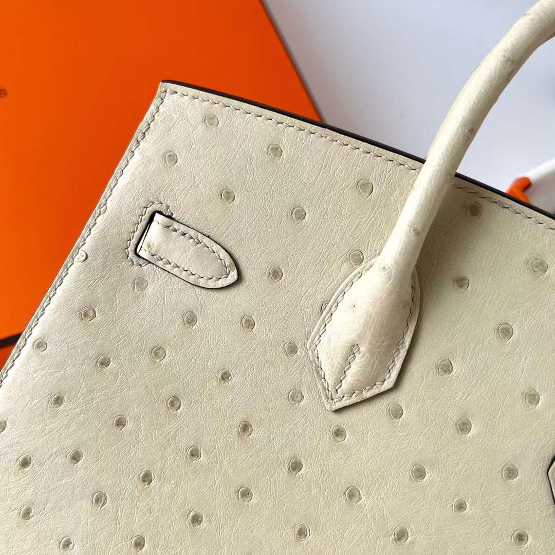 Hermès（爱马仕）Birkin 铂金包 Ostrich 南非鸵鸟皮 3C 羊毛白 银扣 25cm 全手工蜡线缝制 Phw