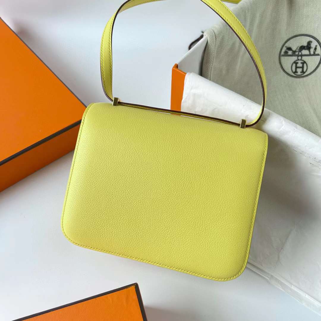 Hermès（爱马仕）Constance 空姐包 Evercolor 9R 柠檬黄 金扣 19cm 全手工蜡线缝制 Ghw