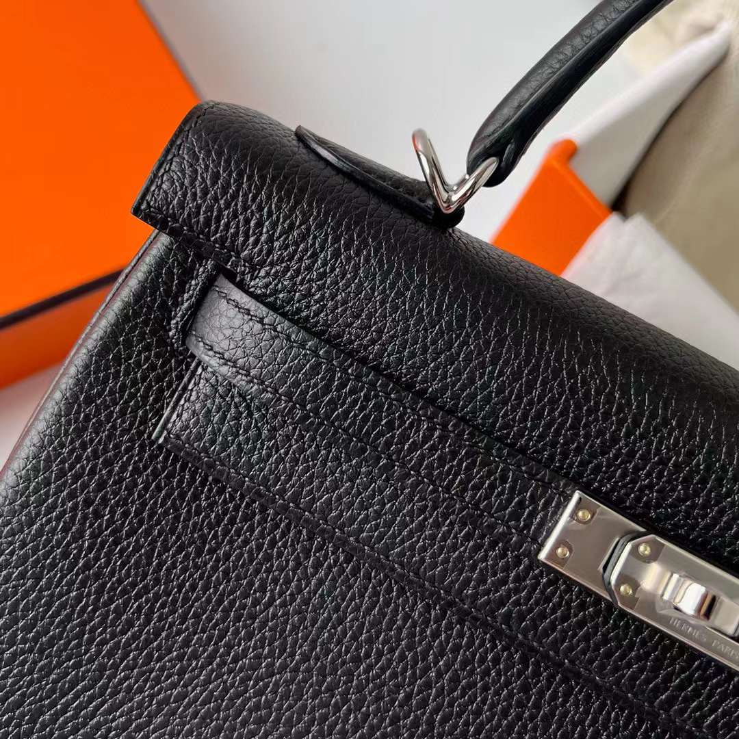 Hermès（爱马仕）Kelly 凯莉包 Togo皮 进口德国小牛皮 Ck89 黑色 银扣 25cm 全手工蜡线缝制 Phw