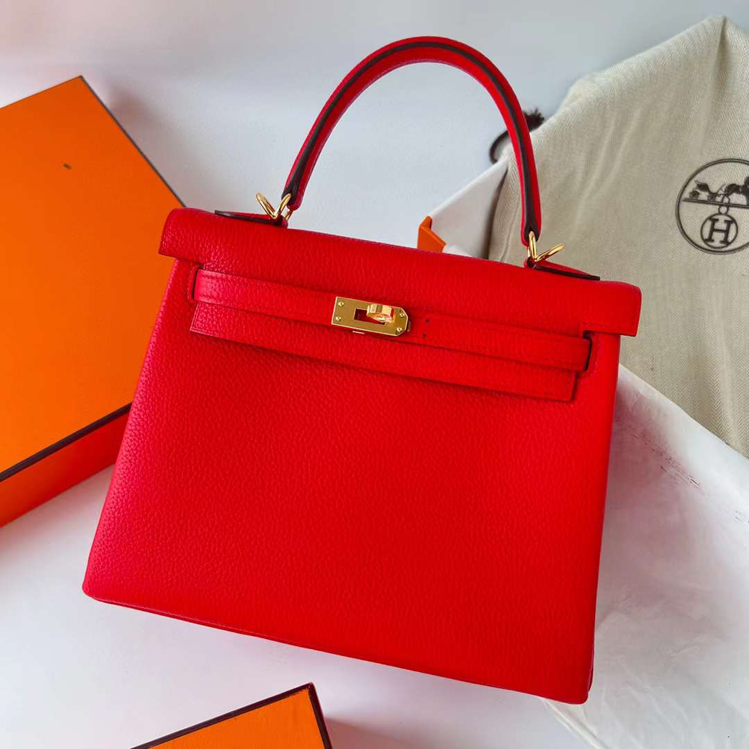 Hermès（爱马仕）Kelly 凯莉包 Togo皮 进口德国小牛皮 S3 心红色 金扣 25cm 全手工蜡线缝制 Ghw