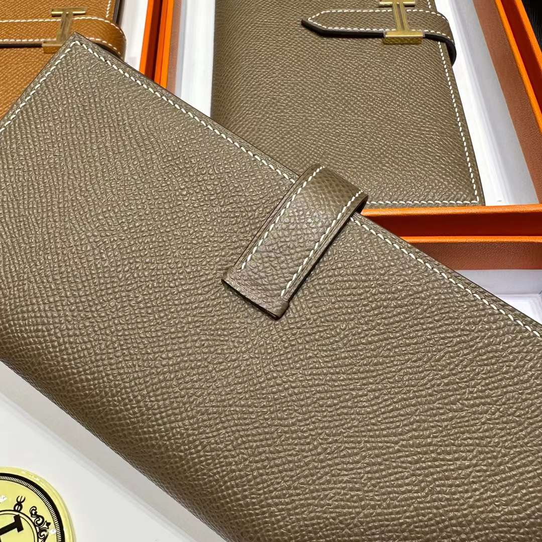 Hermès（爱马仕）Bearn 长款钱包 Epsom 进口手掌纹皮 Ck18 大象灰 金扣 全手工蜡线缝制