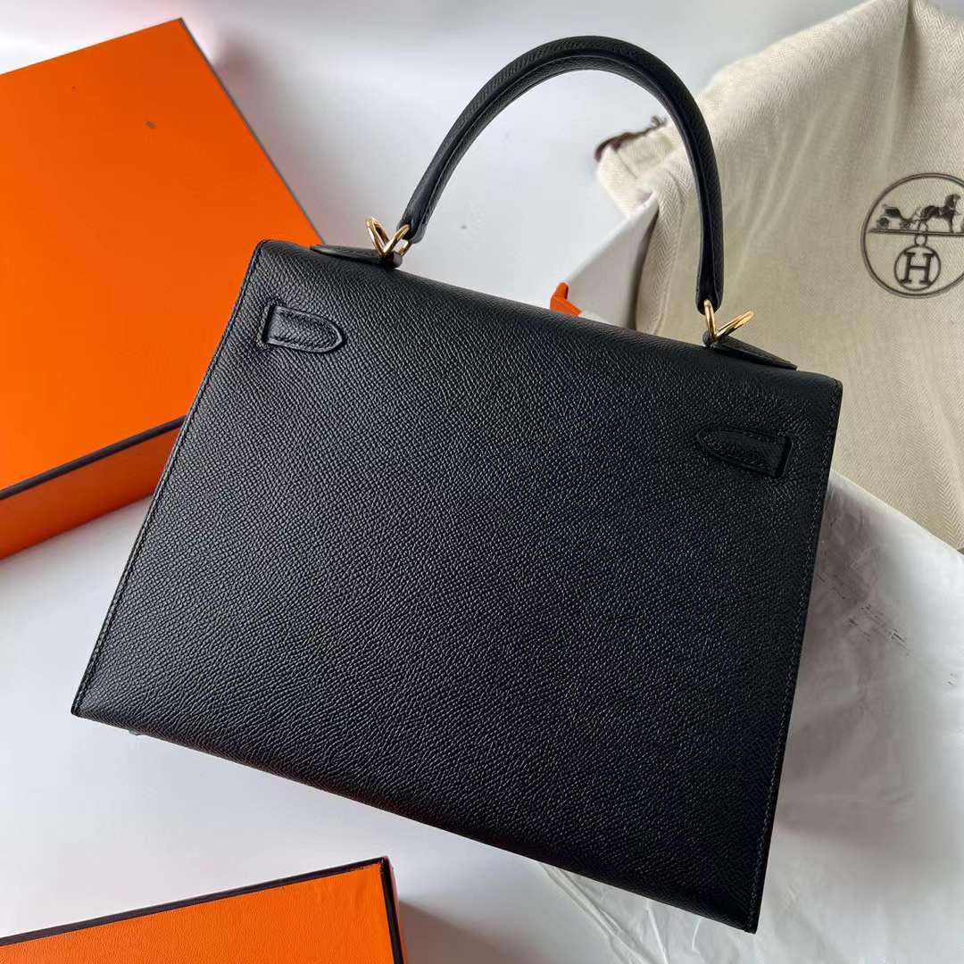 Hermès（爱马仕）Kelly 凯莉包 Epsom Ck89 黑色 金扣 25cm 全手工蜡线缝制 Ghw