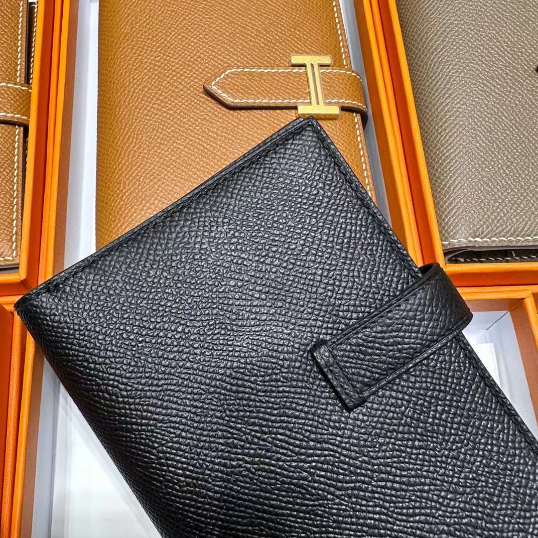 Hermès（爱马仕）Bearn Short 短款钱包 Epsom 进口手掌纹皮 Ck89 黑色 金扣 全手工蜡线缝制