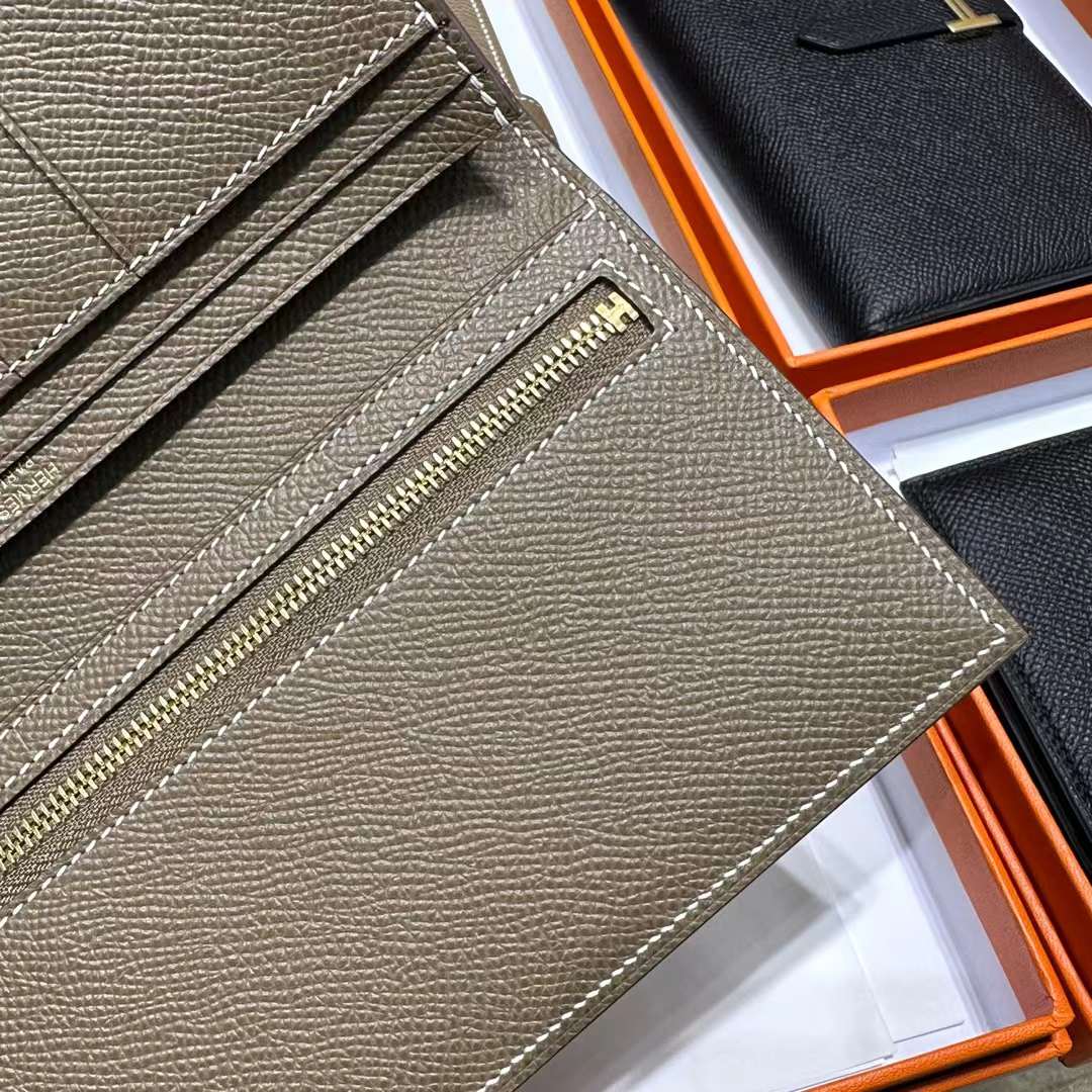 Hermès（爱马仕）Bearn 长款钱包 Epsom 进口手掌纹皮 Ck18 大象灰 金扣 全手工蜡线缝制