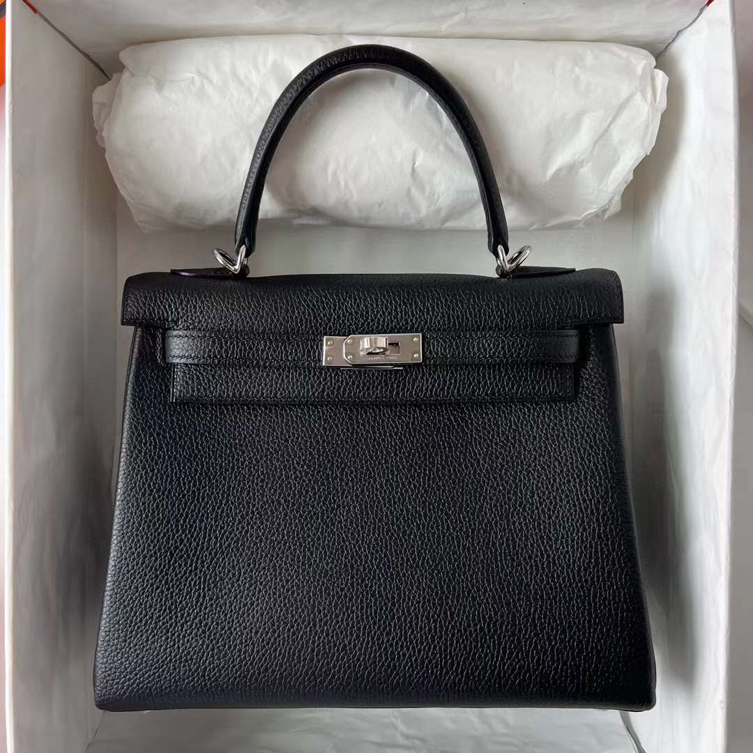 Hermès（爱马仕）Kelly 凯莉包 Togo皮 进口德国小牛皮 Ck89 黑色 银扣 25cm 全手工蜡线缝制 Phw