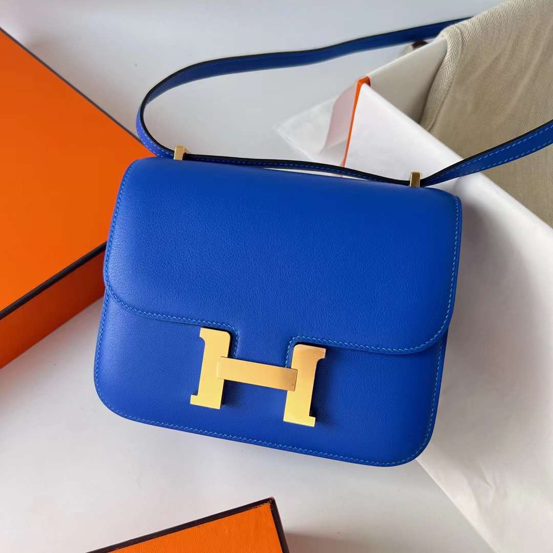 Hermès（爱马仕）Constance 空姐包 Swift Ck71 法国蓝 金扣 19cm 全手工蜡线缝制 Ghw