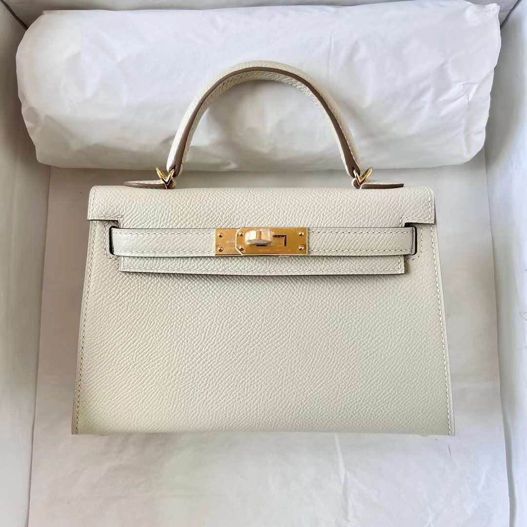 Hermès（爱马仕）Mini Kelly 迷你凯莉 Epsom Ck10 奶昔白 金扣 19cm 全手工蜡线缝制 Ghw