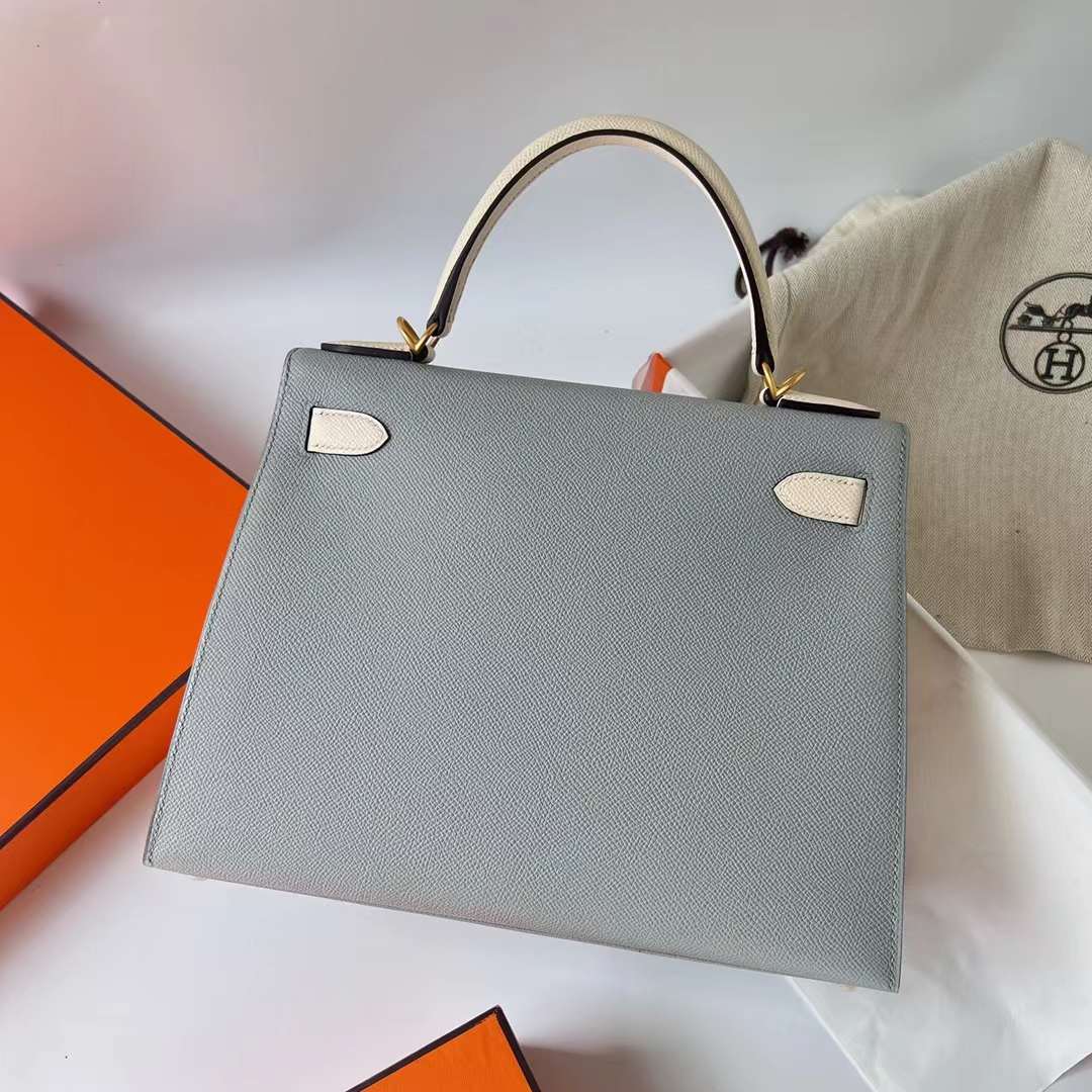 Hermès（爱马仕）Kelly 凯莉包 Hss Epsom 8U 冰川蓝 拼 I2 奶油白 拉丝金扣 28cm 全手工蜡线缝制 BGhw