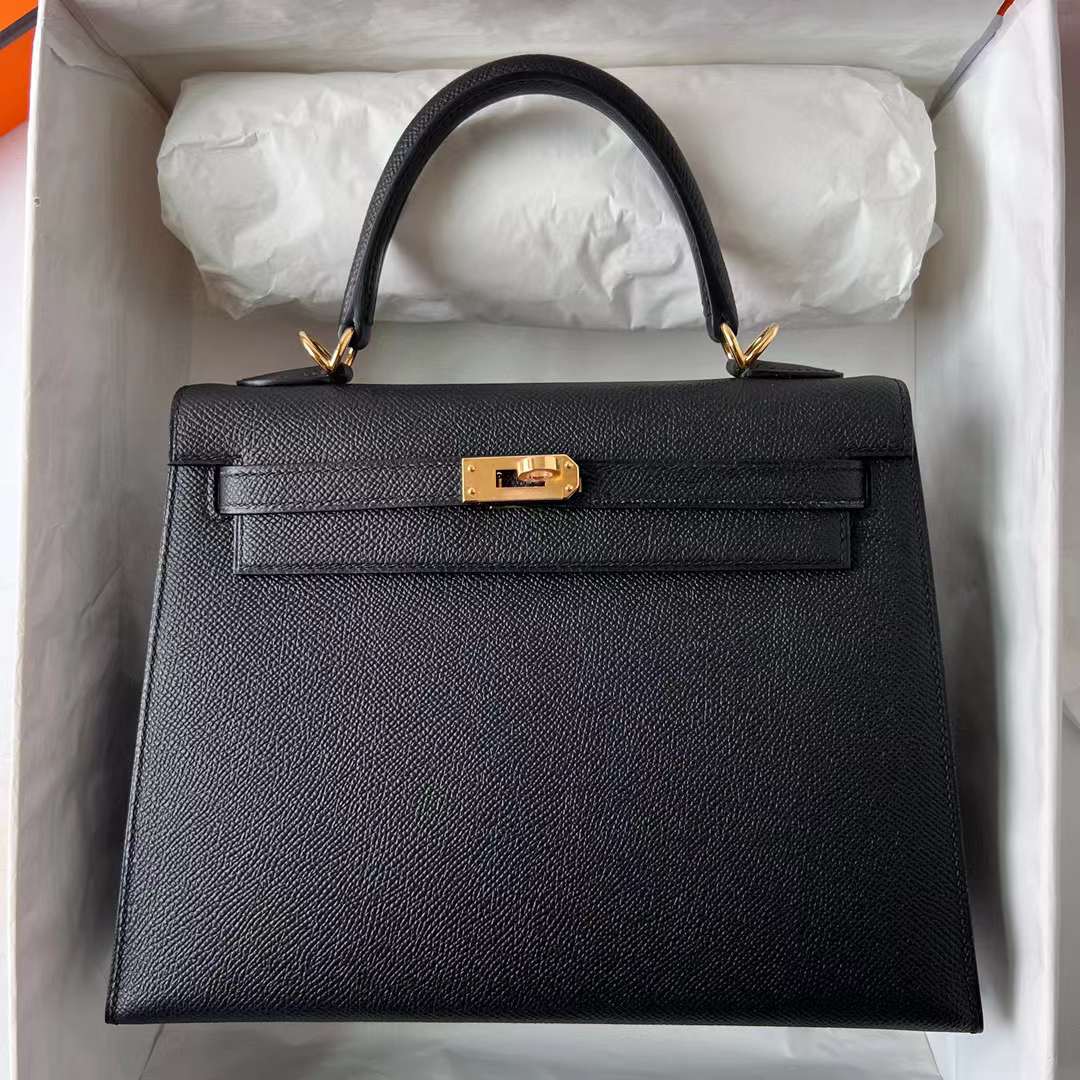 Hermès（爱马仕）Kelly 凯莉包 Epsom Ck89 黑色 金扣 25cm 全手工蜡线缝制 Ghw