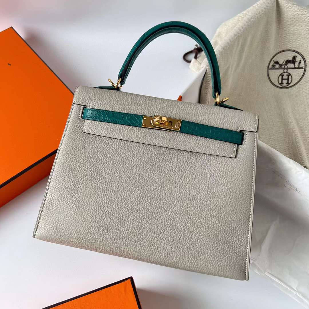 Hermès（爱马仕）Kelly Touch Togo皮 拼 雾面美洲鳄鱼皮 Ck80 珍珠灰 拼 z6 孔雀绿 金扣 25cm 全手工蜡线缝制 Ghw