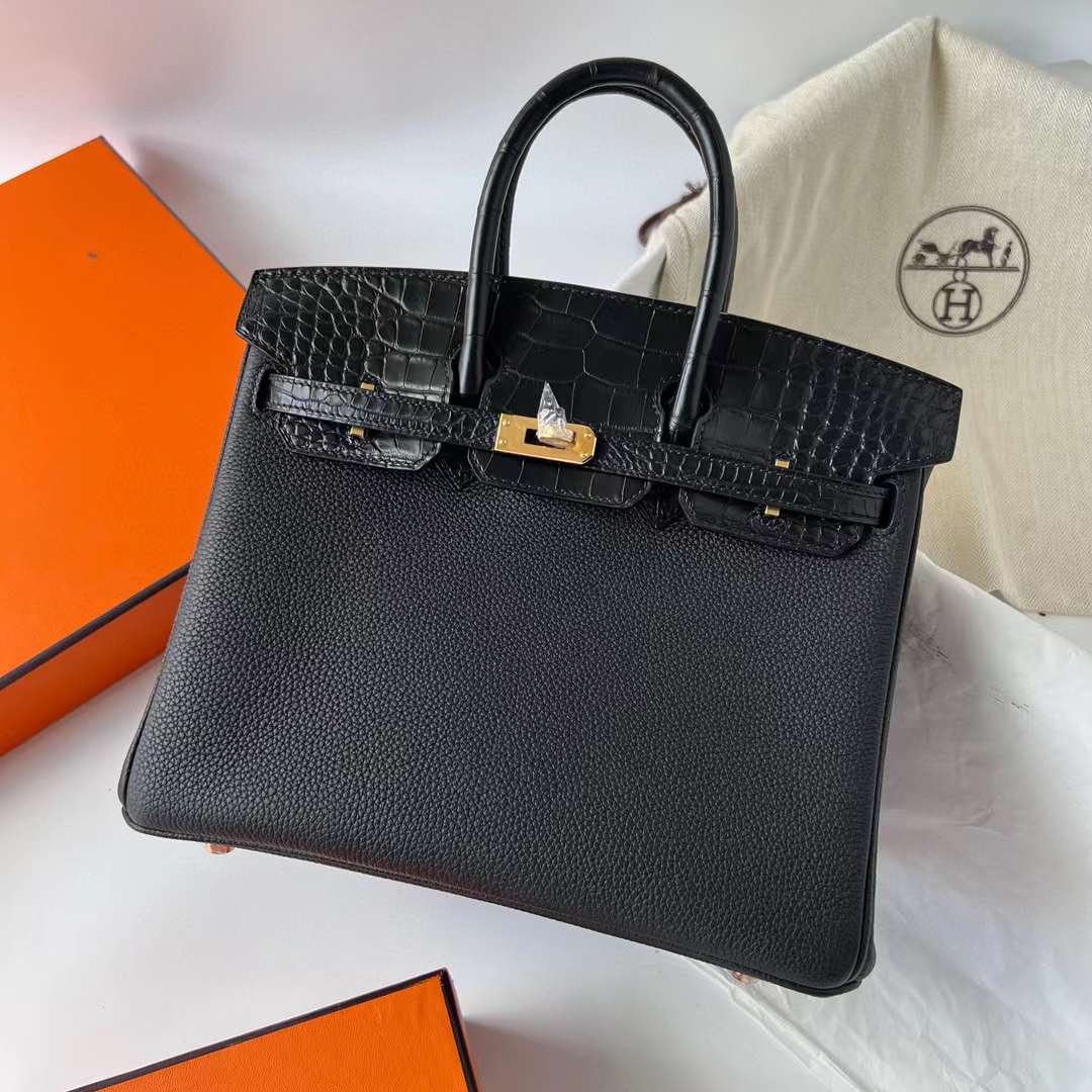 Hermès（爱马仕）Birkin 铂金包 Touch Togo 拼 雾面美洲鳄鱼皮 Ck89 黑色 金扣 25cm 全手工蜡线缝制 Ghw