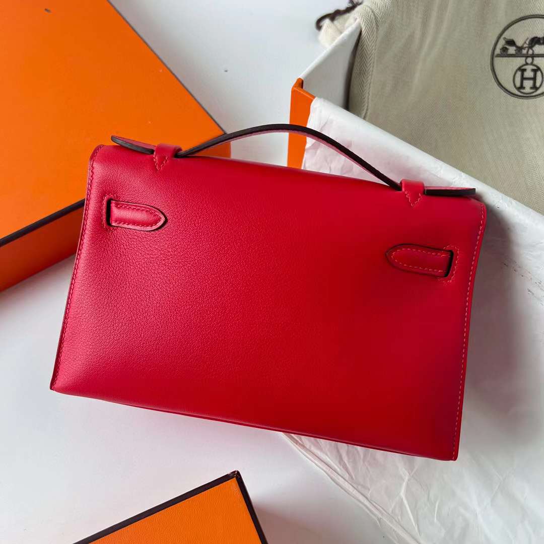 Hermès（爱马仕）Mini Kelly Pochette Swift S3 心红色 金扣 22cm 全手工蜡线缝制 Ghw