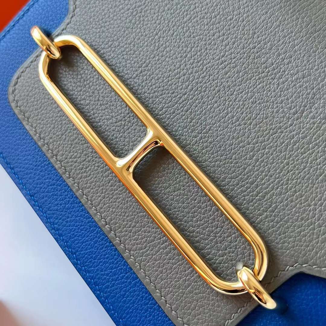Hermès（爱马仕）Roulis 猪鼻子 Evercolor Ck71 法国蓝 拼 0L 积雨云灰 浅金扣 18cm 全手工蜡线缝制