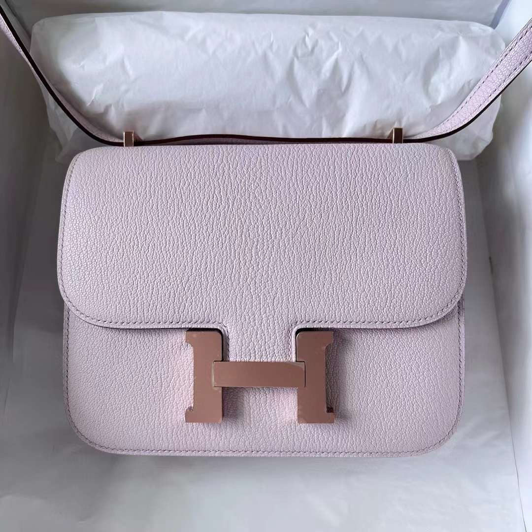 Hermès（爱马仕）Constance 空姐包 Chevre 进口山羊皮 09 梦幻粉紫 玫瑰金扣 19cm 全手工蜡线缝制 Rghw