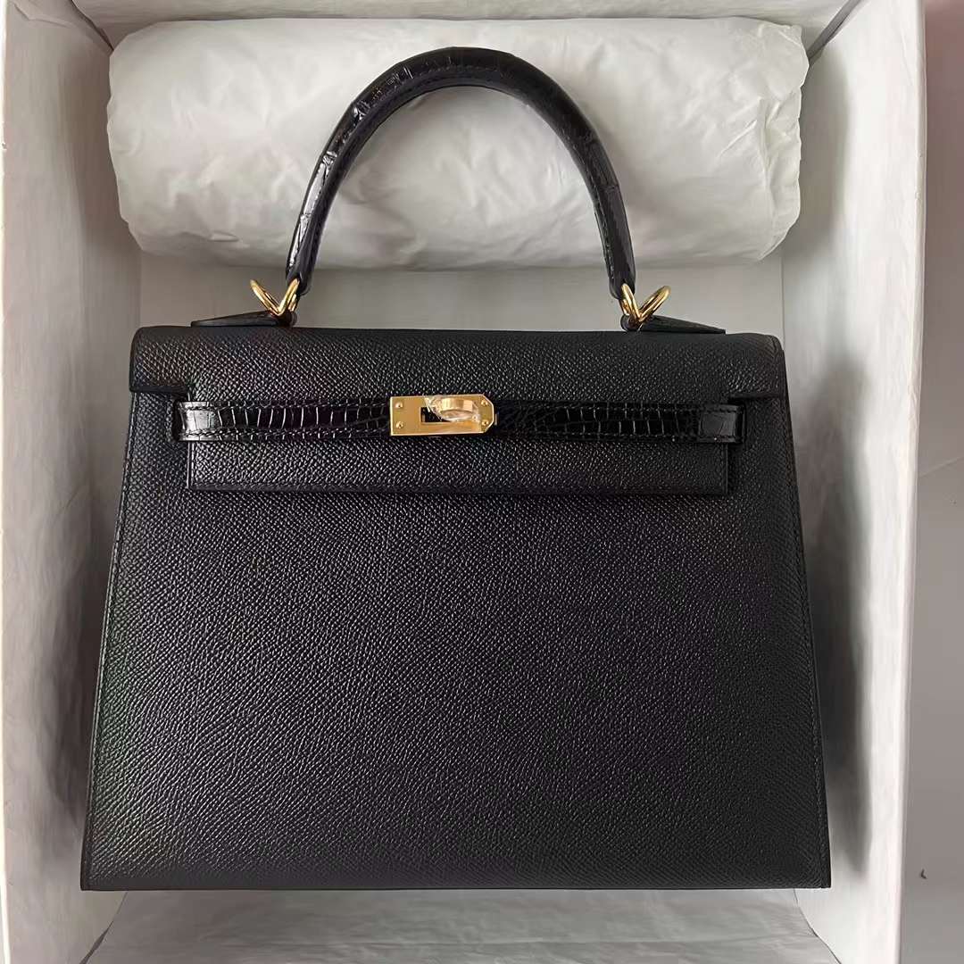 Hermès（爱马仕）Kelly 凯莉包 Touch Epsom 拼 亮面尼罗鳄鱼皮 Ck89 黑色 金扣 25cm 全手工蜡线缝 Ghw