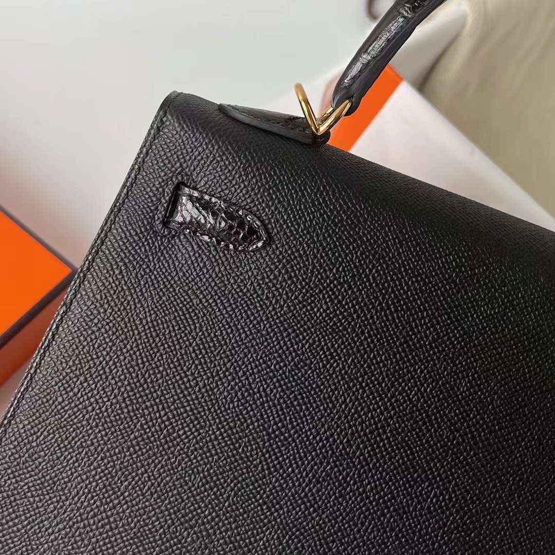 Hermès（爱马仕）Kelly 凯莉包 Touch Epsom 拼 亮面尼罗鳄鱼皮 Ck89 黑色 金扣 25cm 全手工蜡线缝 Ghw