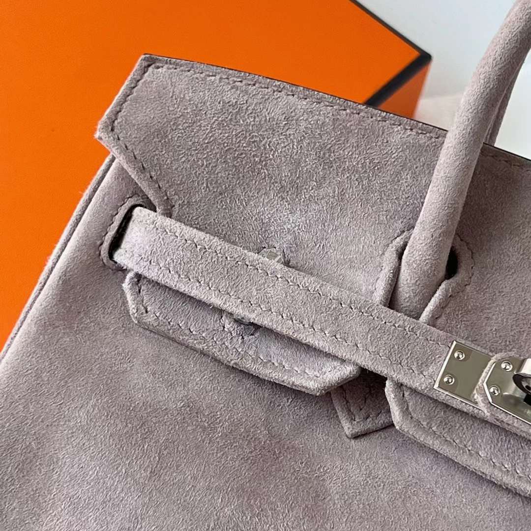 Hermès（爱马仕）Birkin 铂金包 Suede 进口羊皮反绒 麂皮 M8 沥青灰 银扣 25cm 全手工蜡线缝 Phw