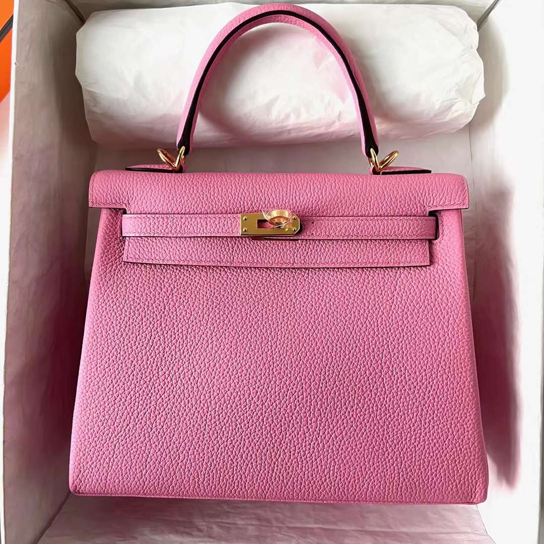 Hermès（爱马仕）Kelly 凯莉包 Togo 小牛皮 5P 樱花粉 金扣 25cm 全手工蜡线缝 Ghw