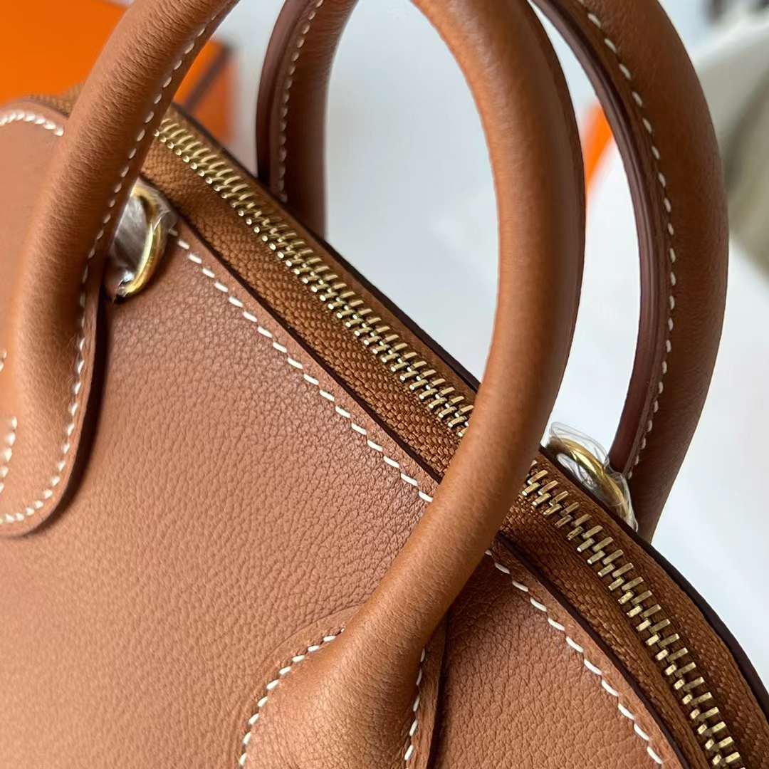 Hermès（爱马仕）Mini Bolide 迷你保龄球包 Evercolor Ck37 金棕色 金扣 19cm 全手工蜡线缝制 Ghw
