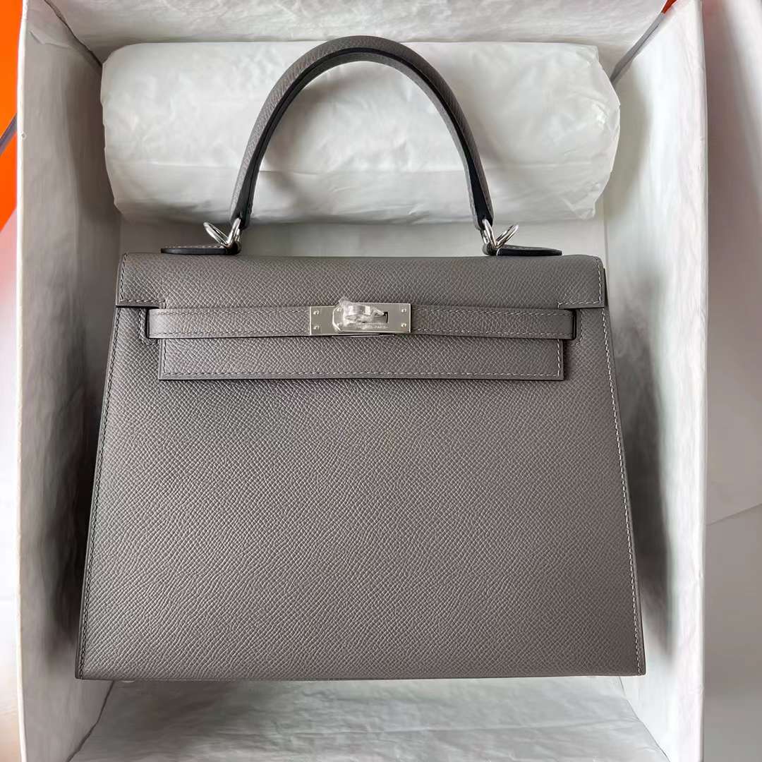 Hermès（爱马仕）Kelly 凯莉包 Epsom 0L 积雨云灰 Gris Meyer 银扣 25cm 全手工蜡线缝 Phw