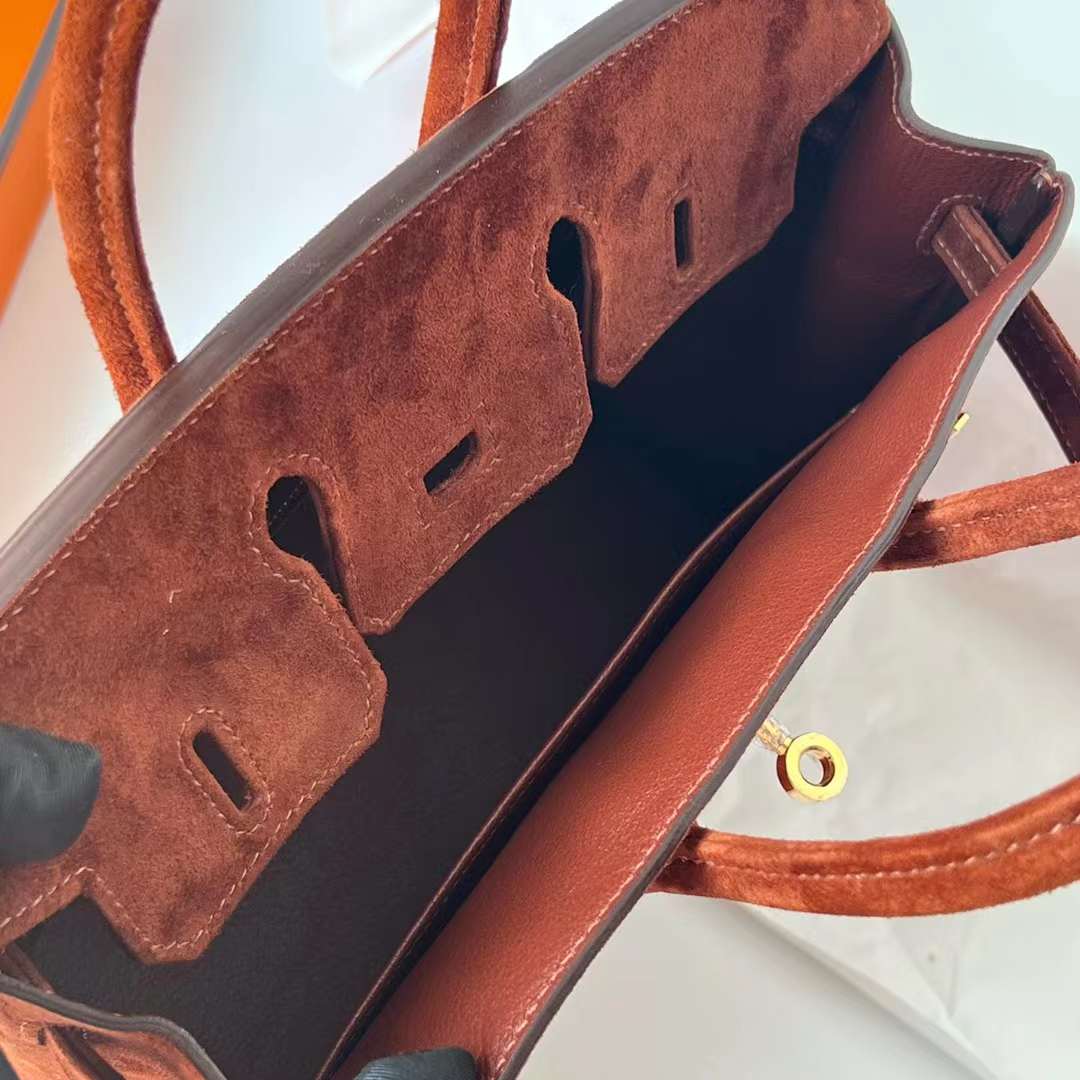Hermès（爱马仕）Birkin 铂金包 Suede 进口羊皮反绒 麂皮 泰迪色 金扣 25cm 全手工蜡线缝 Ghw