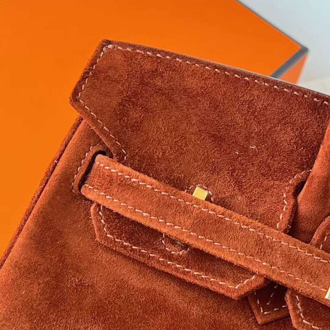 Hermès（爱马仕）Birkin 铂金包 Suede 进口羊皮反绒 麂皮 泰迪色 金扣 25cm 全手工蜡线缝 Ghw