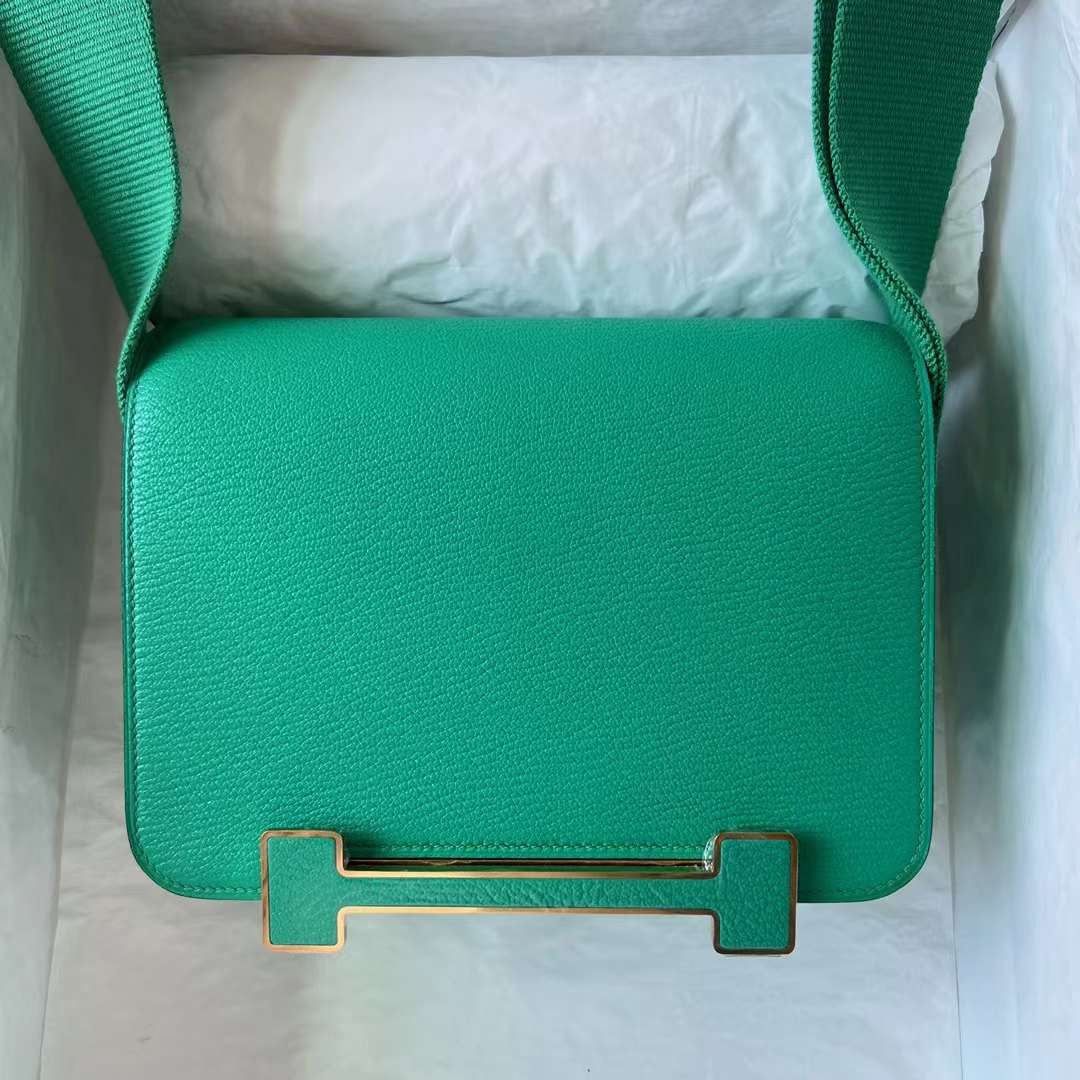 Hermès（爱马仕）Geta 木屐包 Chevre 进口山羊皮 6W 薄荷绿 金扣 20cm 全手工蜡线缝制 Ghw