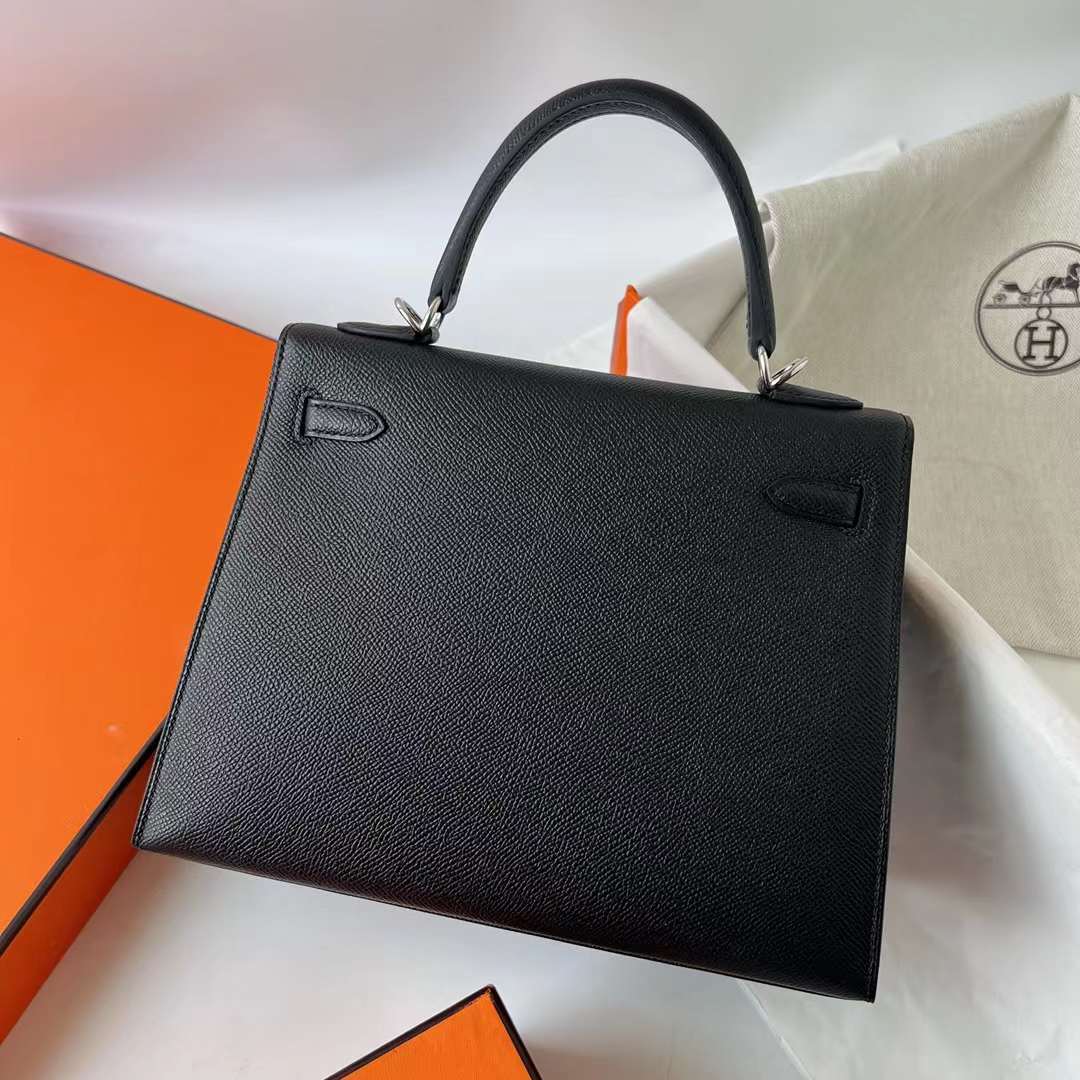 Hermès（爱马仕）Kelly 凯莉包 Epsom Ck89 黑色 银扣 25cm 全手工蜡线缝 Phw