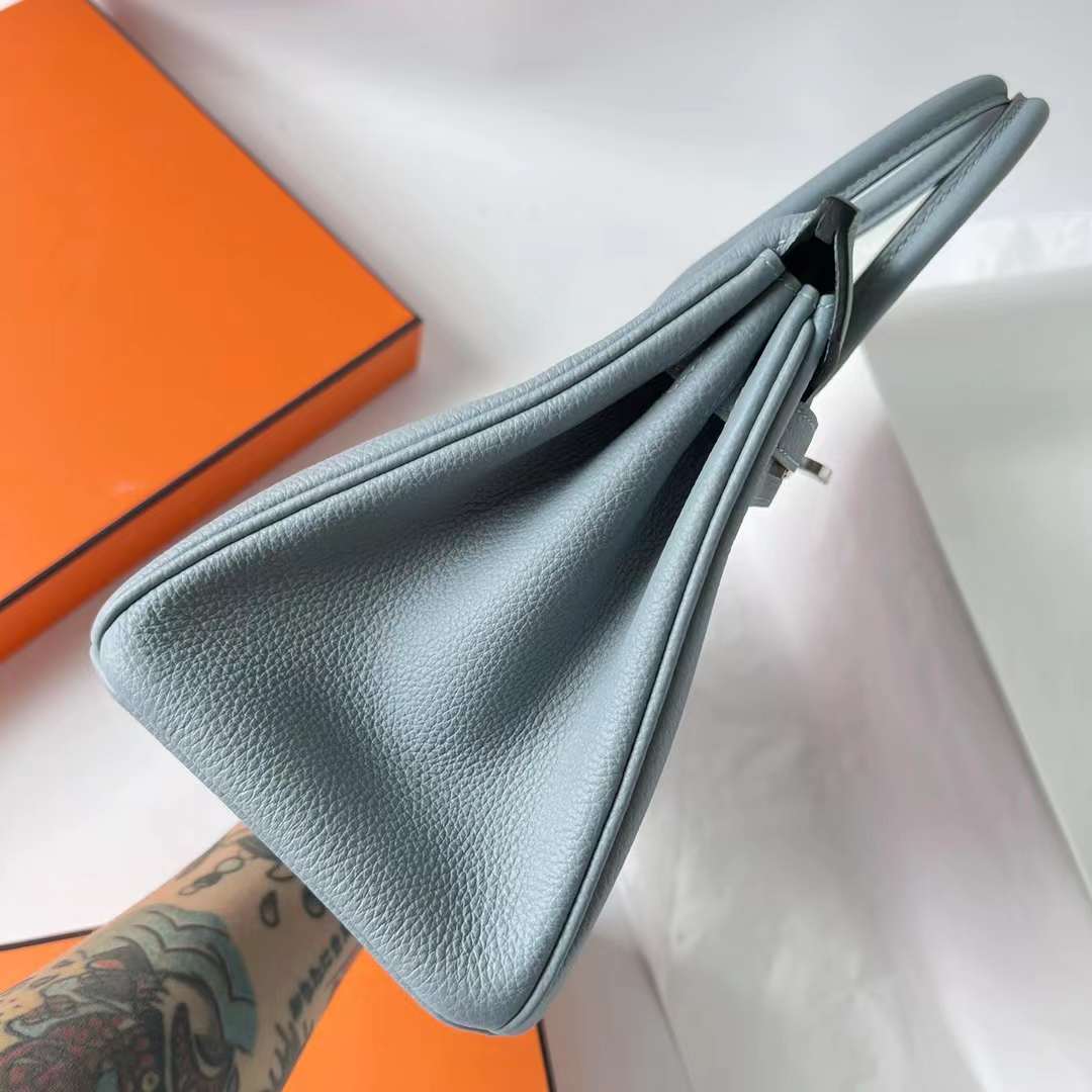 Hermès（爱马仕）Birkin 铂金包 Togo J7 亚麻蓝 内拼 D0 威马犬米色 银扣 25cm 全手工蜡线缝 Phw