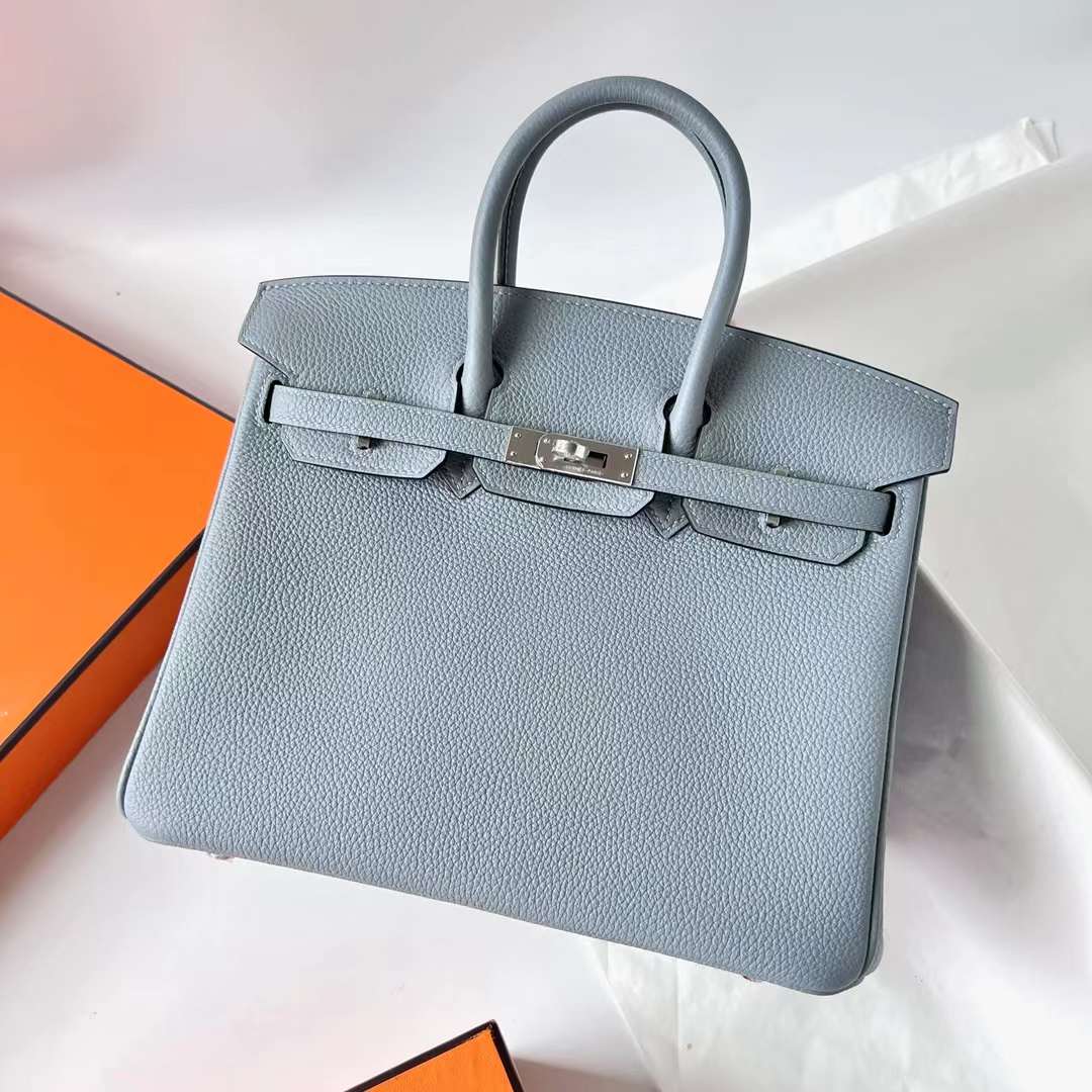 Hermès（爱马仕）Birkin 铂金包 Togo J7 亚麻蓝 内拼 D0 威马犬米色 银扣 25cm 全手工蜡线缝 Phw