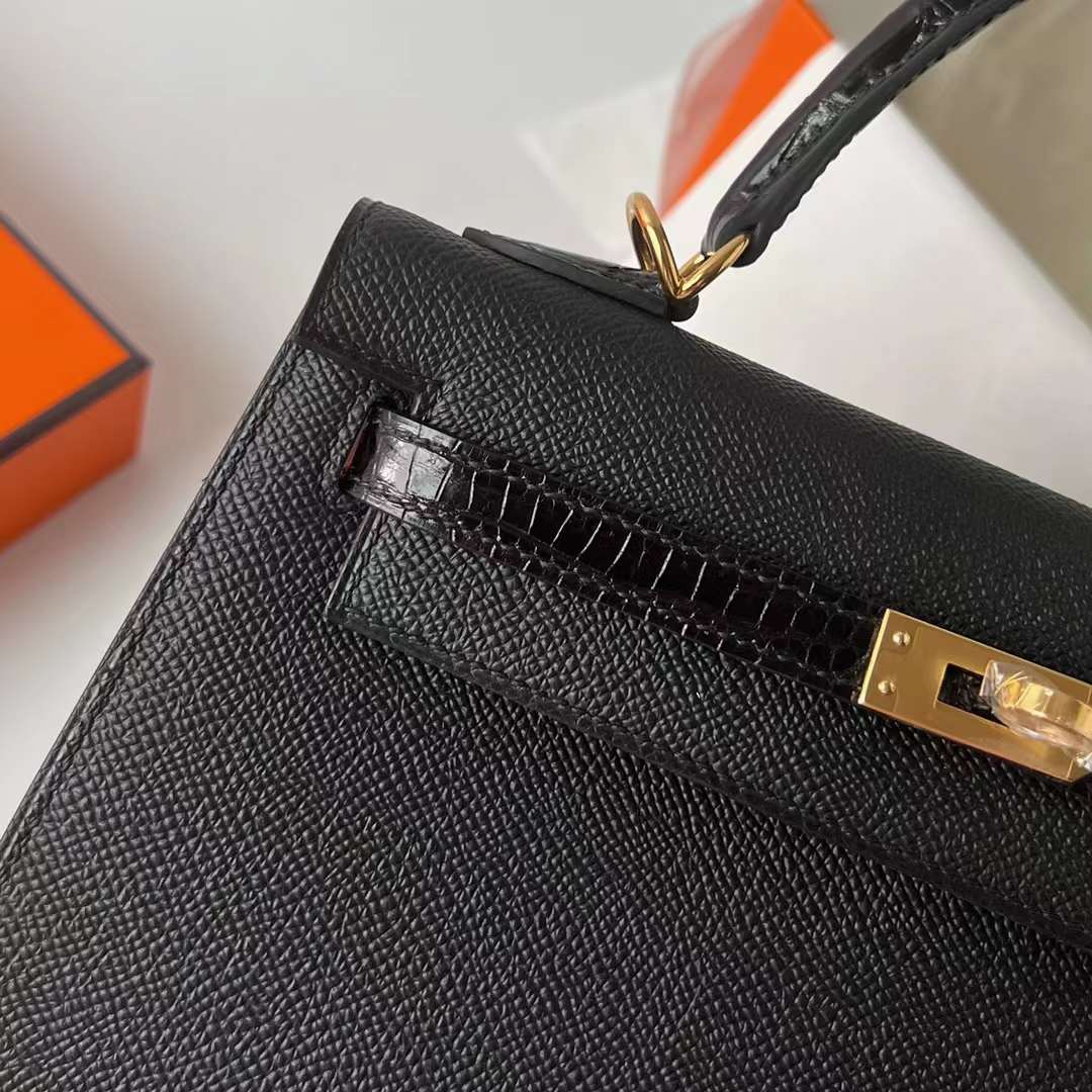 Hermès（爱马仕）Kelly 凯莉包 Touch Epsom 拼 亮面尼罗鳄鱼皮 Ck89 黑色 金扣 25cm 全手工蜡线缝 Ghw