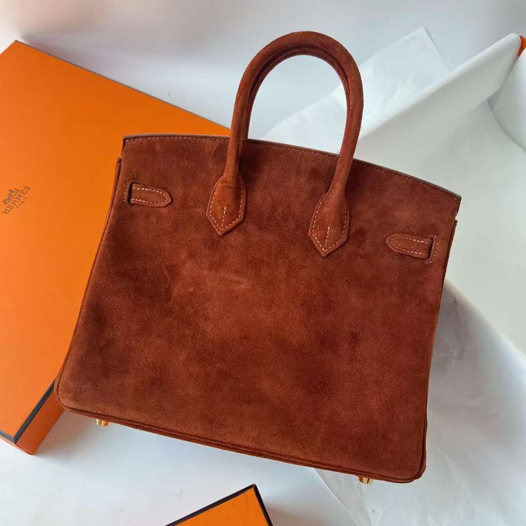 Hermès（爱马仕）Birkin 铂金包 Suede 进口羊皮反绒 麂皮 泰迪色 金扣 25cm 全手工蜡线缝 Ghw
