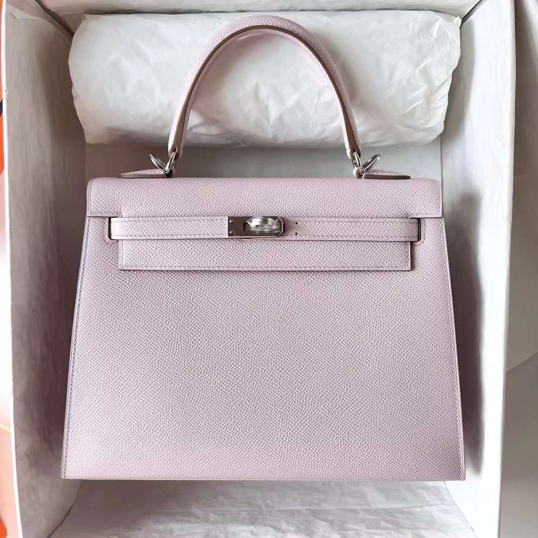 Hermès（爱马仕）Kelly 凯莉包 Epsom 进口手掌纹 09 新梦幻粉紫 银扣 25cm 全手工蜡线缝 Phw