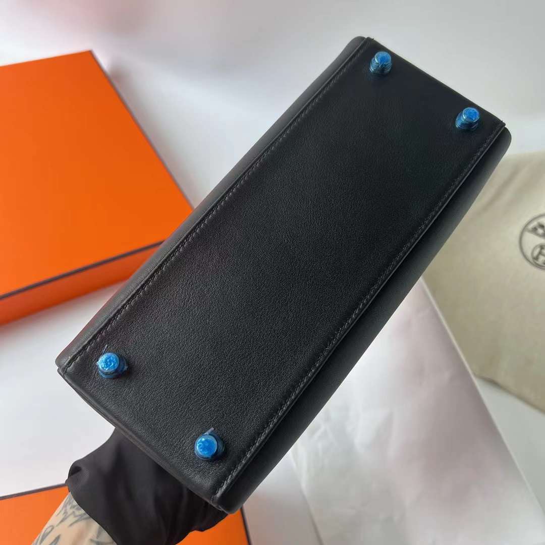 Hermès（爱马仕）Kelly 凯莉包 Touch Swift皮 拼 亮面蜥蜴皮 Ck89 黑色 拼 自然色 银扣 25cm 全手工蜡线缝 Phw