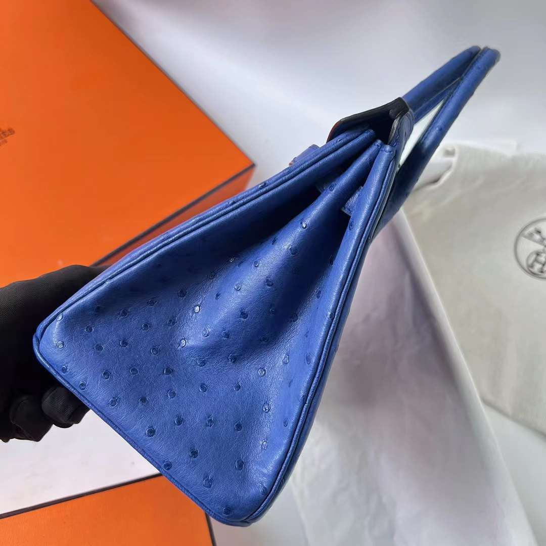 Hermès（爱马仕）Birkin 铂金包 Ostrich 进口鸵鸟皮 I7 琉璃蓝 金扣 25cm 全手工蜡线缝 Ghw