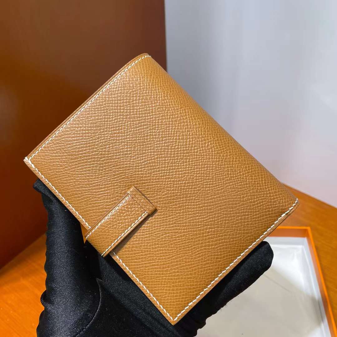 Hermès（爱马仕）Bearn 小H 短款钱包 Epsom Ck37 金棕色 金扣 全手工蜡线缝制