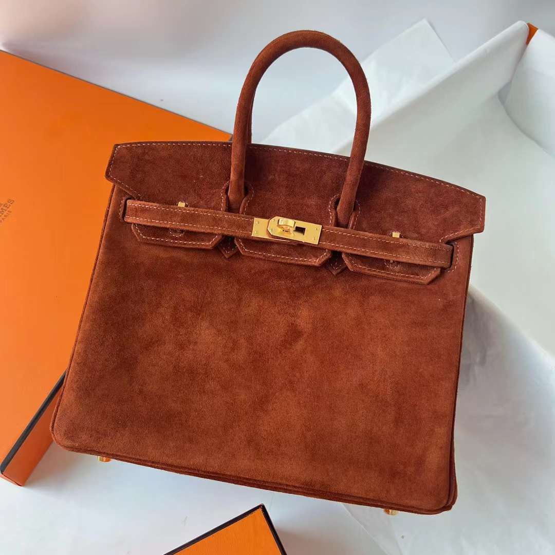 Hermès（爱马仕）Birkin 铂金包 Suede 进口羊皮反绒 麂皮 泰迪色 金扣 25cm 全手工蜡线缝 Ghw