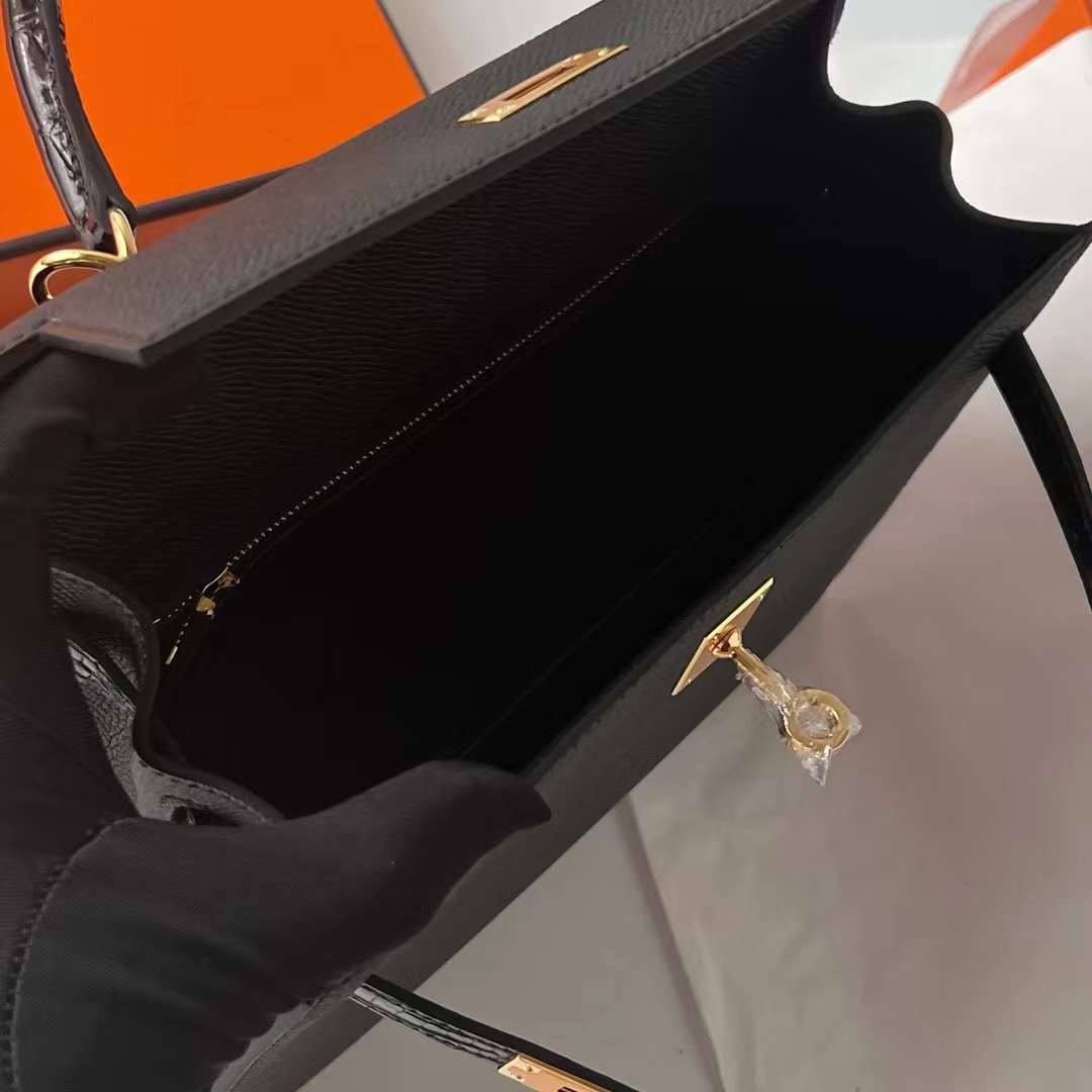 Hermès（爱马仕）Kelly 凯莉包 Touch Epsom 拼 亮面尼罗鳄鱼皮 Ck89 黑色 金扣 25cm 全手工蜡线缝 Ghw