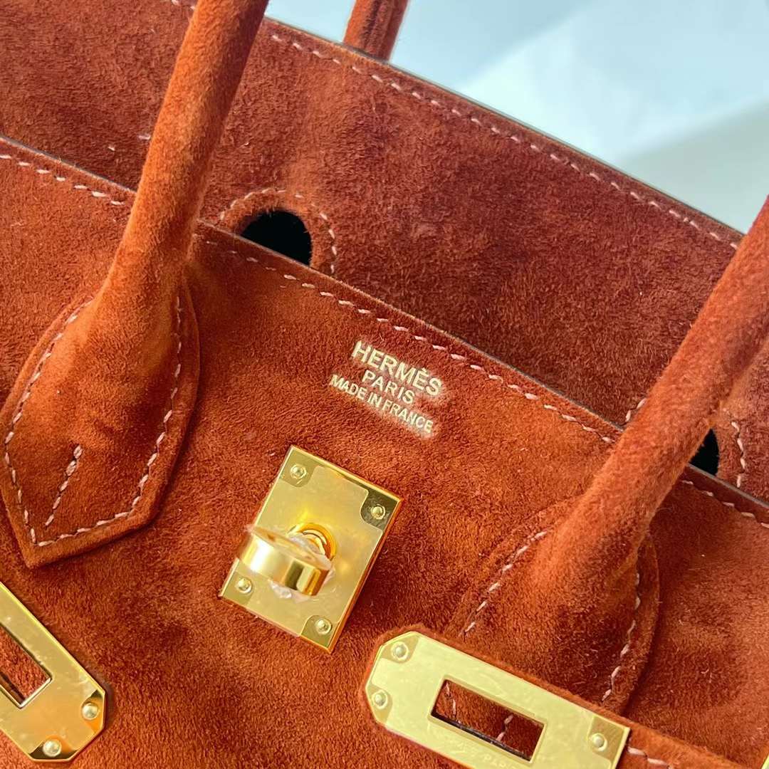 Hermès（爱马仕）Birkin 铂金包 Suede 进口羊皮反绒 麂皮 泰迪色 金扣 25cm 全手工蜡线缝 Ghw
