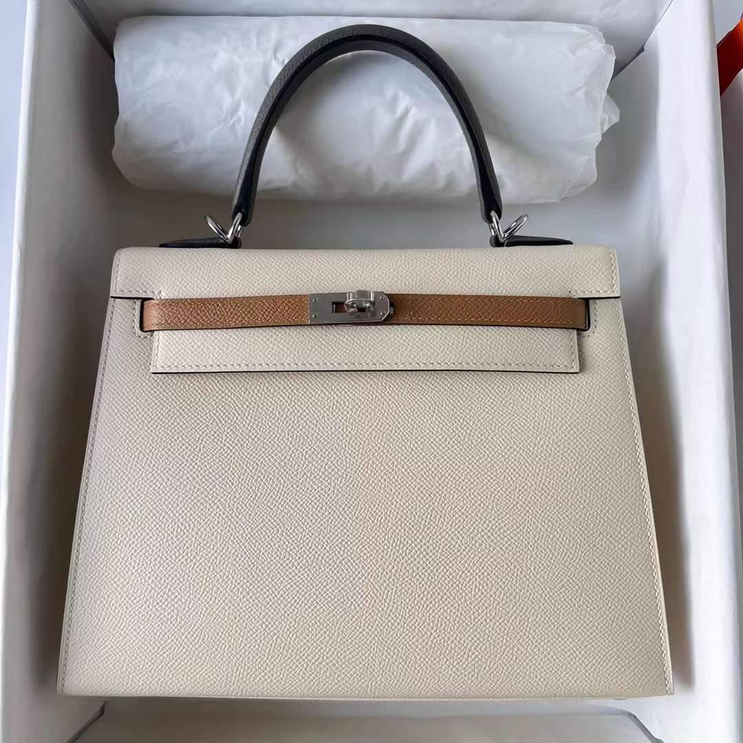 Hermès（爱马仕）Kelly 凯莉包 Epsom i2 奶油白 拼 0M 奶茶色 拼 0L 积雨云灰 银扣 25cm 全手工蜡线缝制 Phw