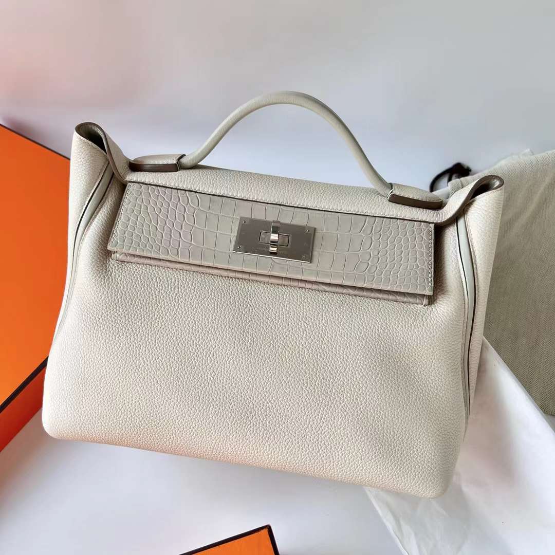 Hermès（爱马仕）Kelly 2424 Maurice 拼 雾面美洲鳄鱼皮 8L 冰川白 银扣 29cm 全手工蜡线缝制 Phw