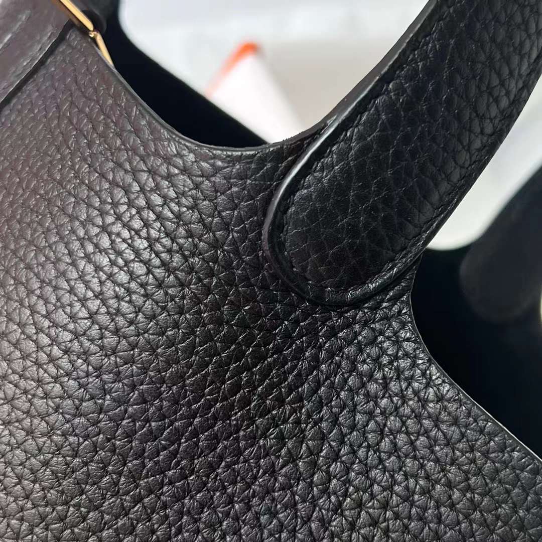 Hermès（爱马仕）Picotin 菜篮子 Clemence 进口大牛皮 Ck89 黑色 金扣 18cm 全手工蜡线缝制 Ghw