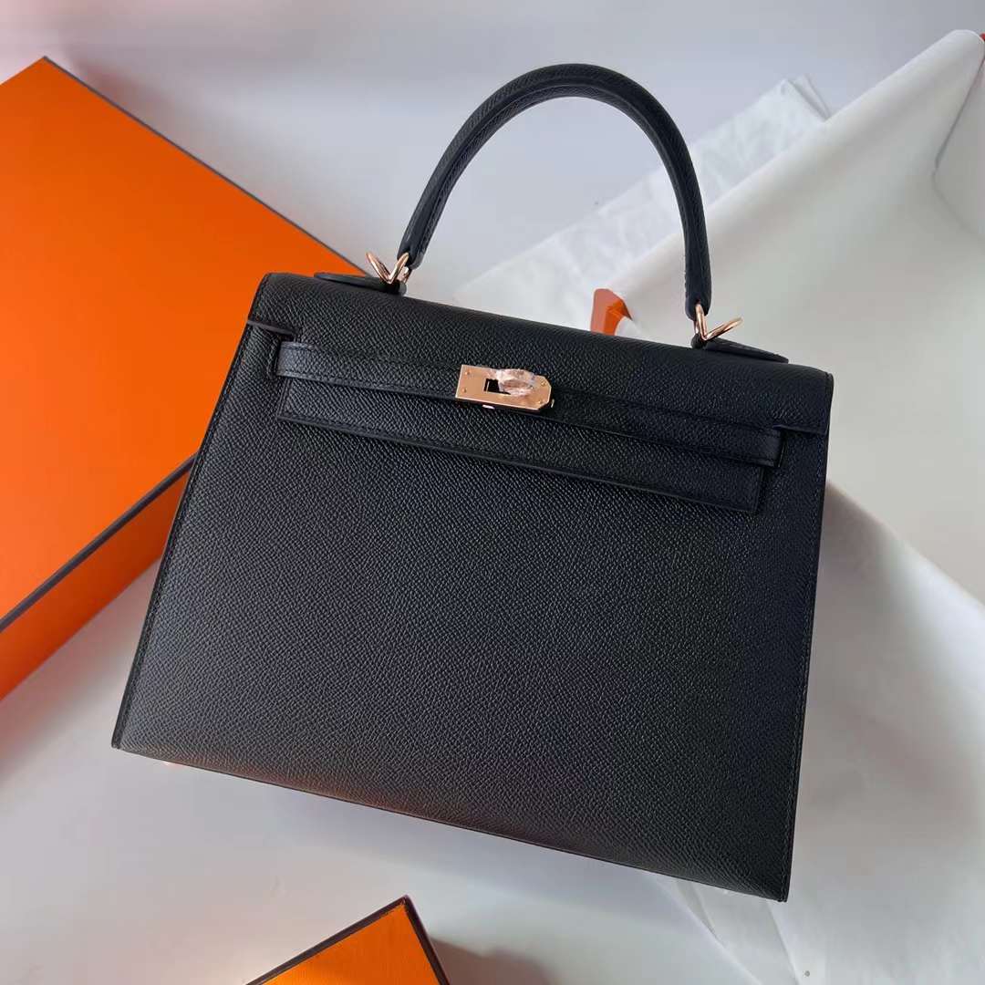 Hermès（爱马仕）Kelly 凯莉包 Epsom 进口掌纹皮 Ck89 黑色 玫瑰金扣 25cm 全手工蜡线缝 RGhw