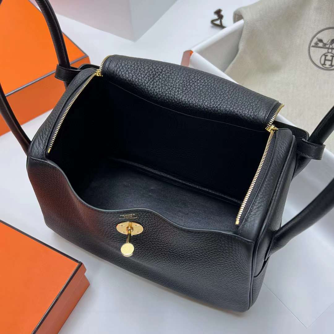 Hermès（爱马仕）Lindy 琳迪包 Clemence Ck89 黑色 金扣 26cm 全手工蜡线缝制 Ghw