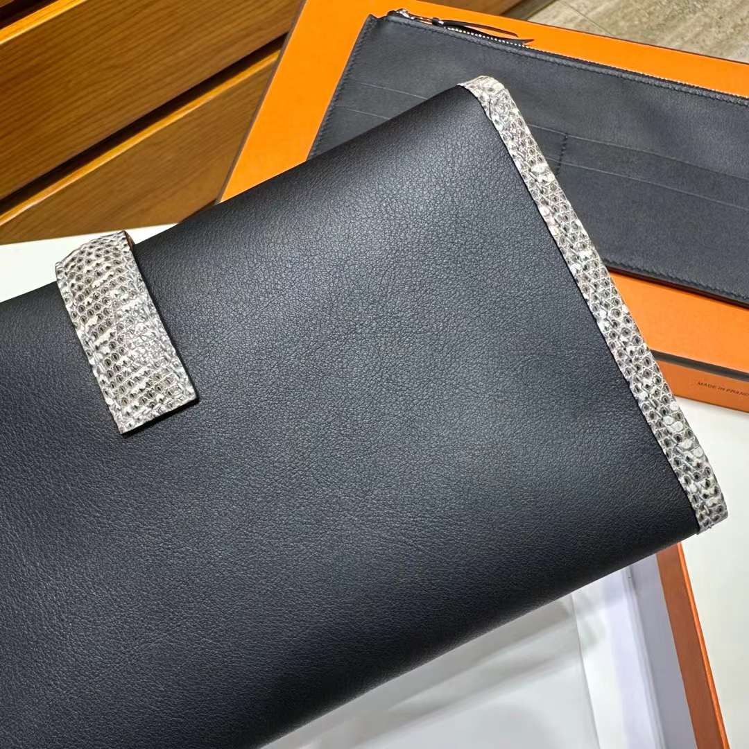Hermès（爱马仕）Jige 钱包 Swift 拼 亮面蜥蜴皮 黑色 拼 自然色 22cm 全手工蜡线缝