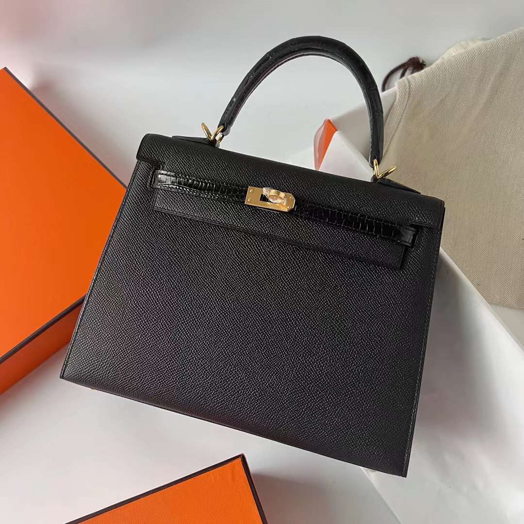 Hermès（爱马仕）Kelly 凯莉包 Touch Epsom 拼 亮面尼罗鳄鱼皮 Ck89 黑色 金扣 25cm 全手工蜡线缝 Ghw
