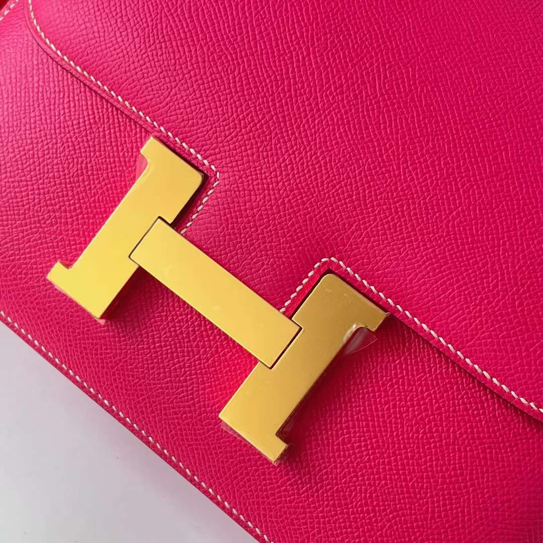 Hermès（爱马仕）Constance 空姐包 Epsom E5 桃红色 Rose Tyrien 金扣 24cm Ghw 全手工蜡线缝