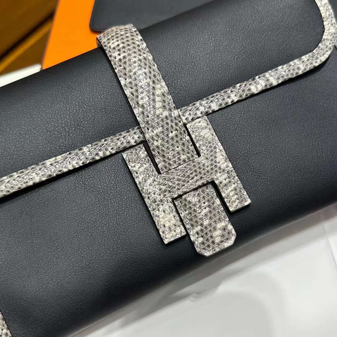 Hermès（爱马仕）Jige 钱包 Swift 拼 亮面蜥蜴皮 黑色 拼 自然色 22cm 全手工蜡线缝