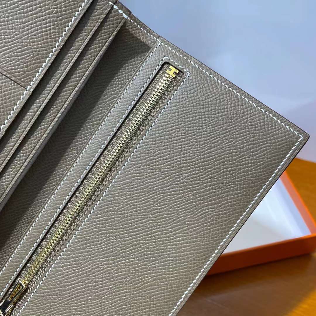 Hermès（爱马仕）Bearn 长款钱包 Epsom Ck18 大象灰 金扣 全手工蜡线缝制